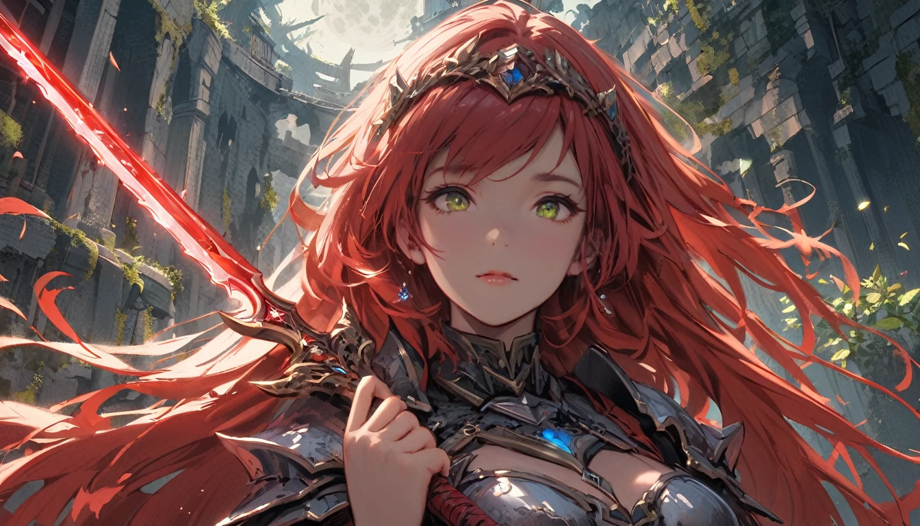 (masterpiece), (best quality:1.4), (perfect anatomy:1.4), high quality, expressive eyes, portrait, detailed face, beautiful face, perfect face, {1 girl}, in her armored knight form, standing amidst the ancient ruins of a faerie stronghold. The ruins are overgrown with twisting vines and moss-covered stones, giving the impression of a forgotten kingdom reclaimed by nature. Rhode stands tall and resolute, clad in her magical armor styled after the Eurasian lynx, with her hazel eyes gleaming with determination. Her fiery red hair cascades in loose waves down her back, contrasting with the muted colors of her surroundings. In one hand, she holds her enchanted Fae blade, its blade shimmering with otherworldly energy. In the other hand, she holds a sprig of wildflowers, symbolizing her connection to the natural world and her role as a protector of the faerie realm. Behind her, the silhouette of a full moon rises in the night sky, casting an ethereal glow over the scene and hinting at the mystical powers that lie dormant within Rhode. As she surveys the ruins with a mix of solemnity and resolve, Rhode's presence exudes strength, grace, and a timeless sense of duty to her people and her homeland., full body,