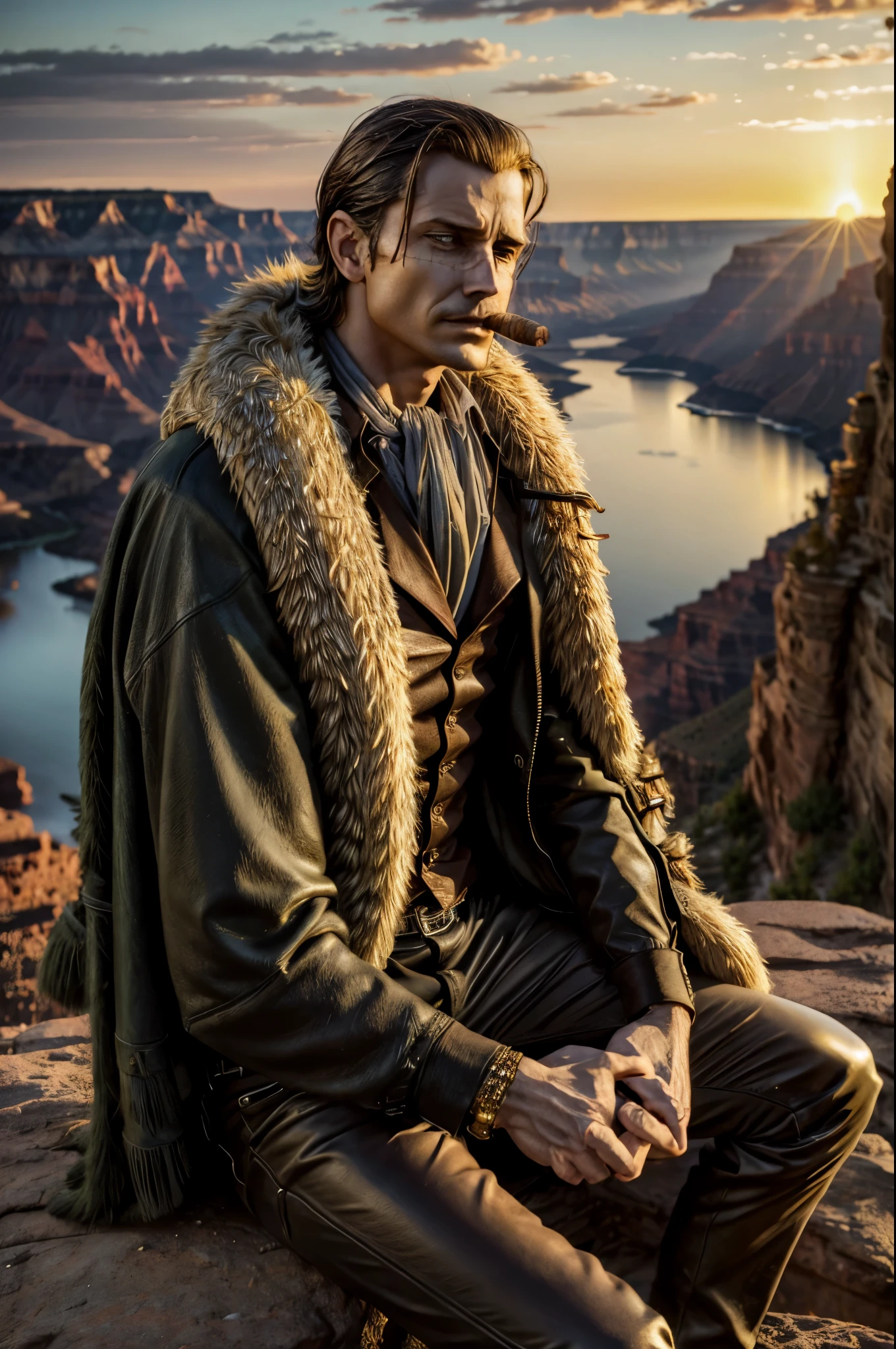 masterpiece, best quality, extremely detailed, hyperrealistic, photorealistic, a cool 40s man, ultra detailed face:1.2, fur-trimmed coat, scarf around the neck, his left hand is a golden pirate hook, cigar, sitting on the edge of a cliff, her feet in the air, grand canyon, united states, gold at sunset:1.1
 