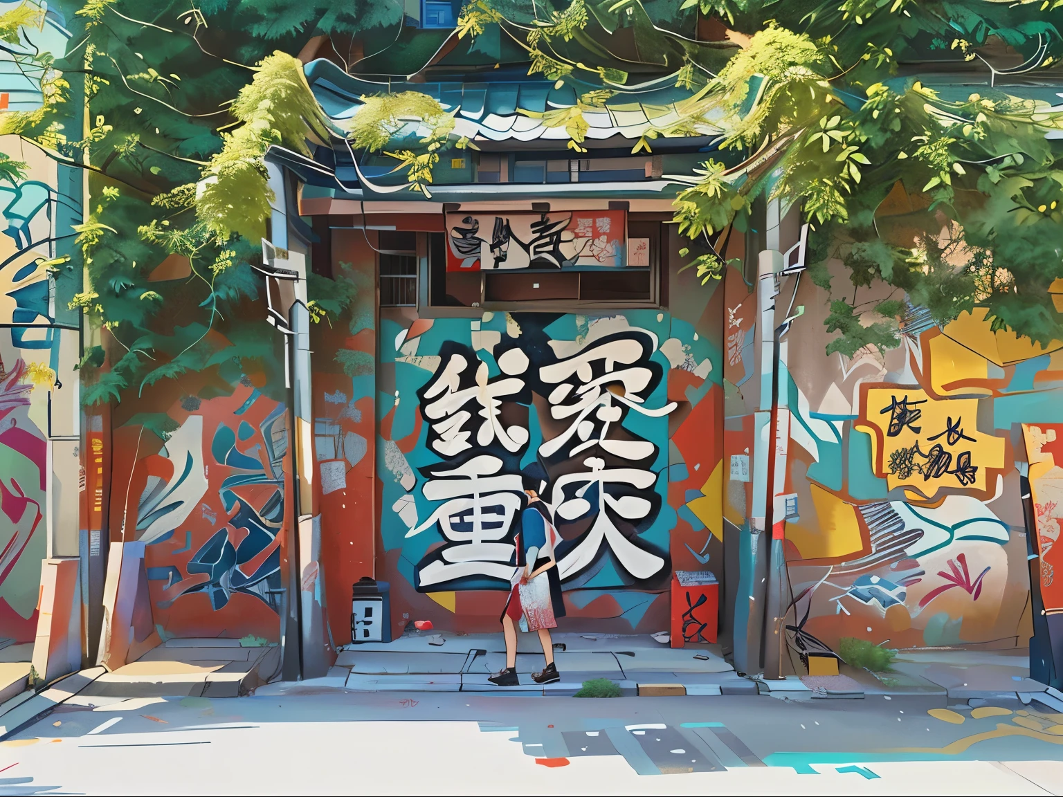 涂鸦覆盖的建筑物，前面站着一个人, like jiufen, 涂鸦 on the walls, 位于齐本德尔, 悉尼, 背景中的涂鸦, 背景中的涂鸦, 画在巨大的墙上, 东京壁画, 墙上的涂鸦, 街头艺术, 街头艺术:2, 涂鸦 on the wall, 涂鸦, 在一条小巷里, 有涂鸦的墙