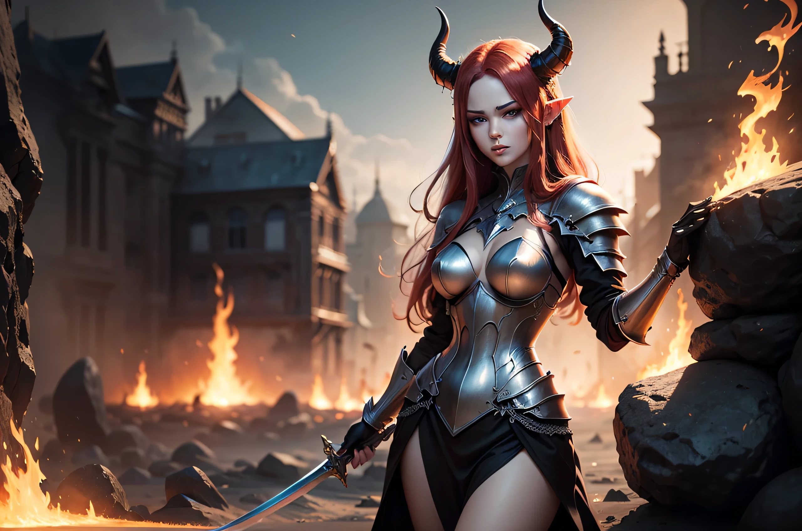Burning landscape with running lava there standing beatiful female hell knight, she have pale skin long red hair pair of long flaming horns, pointy ears with piercing and seductive make up , she dressed in sexy black plate armor with burning pieces, and melting sword in her hand, (ultra high quality fantasy art, dafk fantasy style, masterpiece, ultra highquality character design, 8k quality anime art, realistic anime art, top quality wallpaper illustration, detailed ultra high quality acurate face, highquality design and acurate physic)