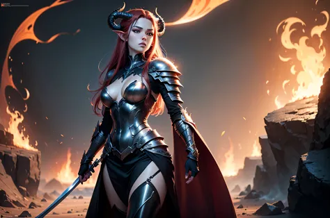 burning landscape with running lava there standing beatiful female hell knight, she have pale skin long red hair pair of long fl...