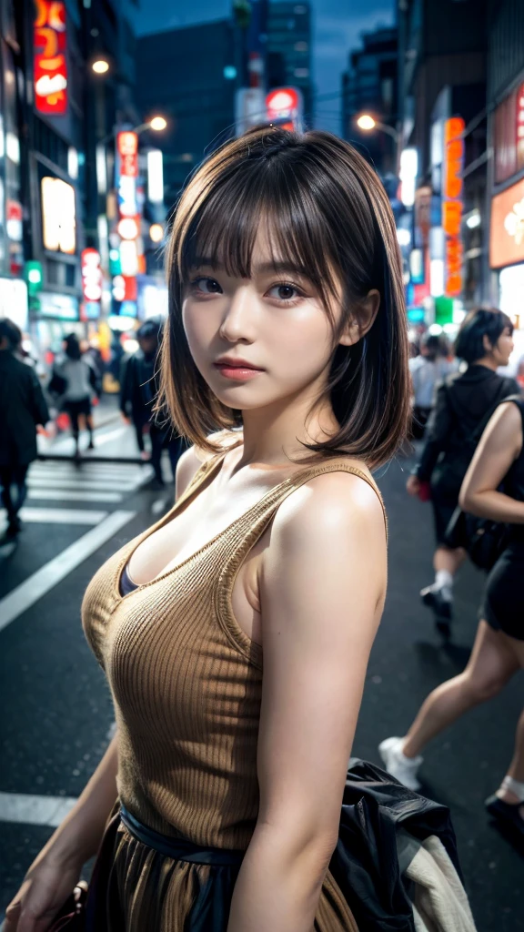 1girl, Tokyo street,night, cityscape,city lights, upper body,close-up, 8k, RAW photo, best quality, masterpiece,realistic, photo-realistic,