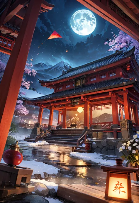 ancient chinese landscape, ((hot spring)), (heavy snow), (fire fly), (paper kite), (midnight), (moon), shrine at the top of the ...