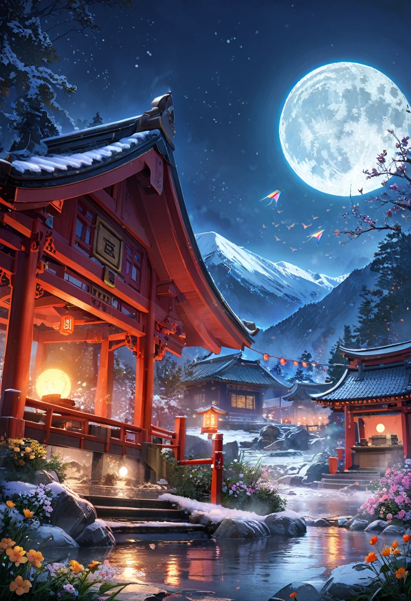 ancient chinese landscape, ((hot spring)), (heavy snow), (fire Fly), (Paper Kite), (Midnight), (moon), Shrine at the top of the mountain, ((flower)), Beautiful views, Realistic lighting, masterpiece, high quality, Beautiful graphics, Attention to detail,