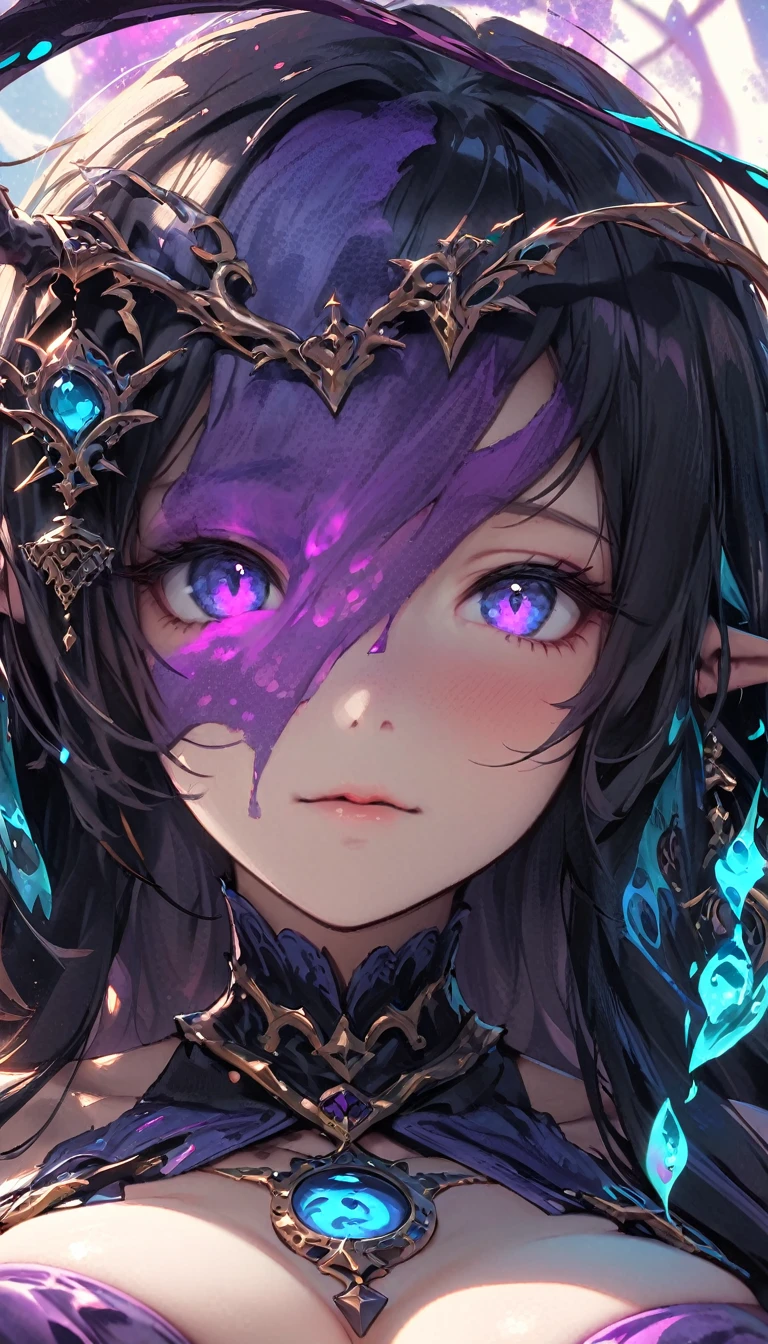 (masterpiece), (best quality:1.4), (perfect anatomy:1.4), high quality, expressive eyes, portrait, detailed face, beautiful face, perfect face, {1 girl}, In her slime form, Danua is a mesmerizing entity, her amorphous body pulsating with vibrant colors and otherworldly energy. She takes on a fluid, gelatinous appearance, constantly shifting and morphing with an almost hypnotic fluidity. Danua's slime form is translucent, allowing glimpses of the swirling colors and patterns that ripple beneath her surface. Shades of deep emerald, green mingle with iridescent blues and purples, creating an ethereal kaleidoscope of hues that dance and shimmer in the light. Her form lacks defined features, instead resembling a constantly shifting mass of gel-like substance. However, there is a sense of grace and purpose to her movements, as if she possesses a silent intelligence that guides her every shift and flow. Despite her lack of a solid form, Danua exudes an undeniable presence in her slime state. She radiates an aura of ancient power and mystique, her ever-changing form hinting at the depths of her enigmatic nature. Overall, Danua's slime form is a mesmerizing spectacle, a symphony of colors and shapes that captivates the eye and sparks the imagination.