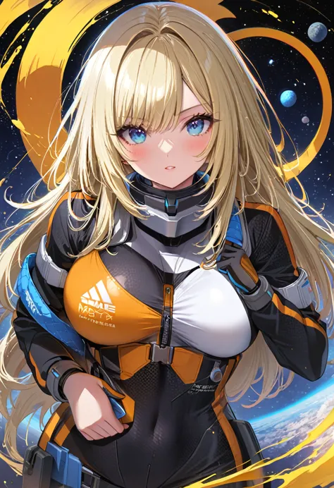 woman ,golden white hair,blue eyes,,,black space suit