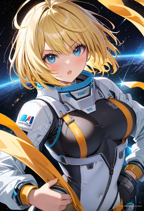 woman ,golden white hair,blue eyes,,,black space suit