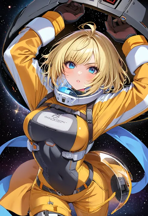 woman ,golden white hair,blue eyes,,,black space suit