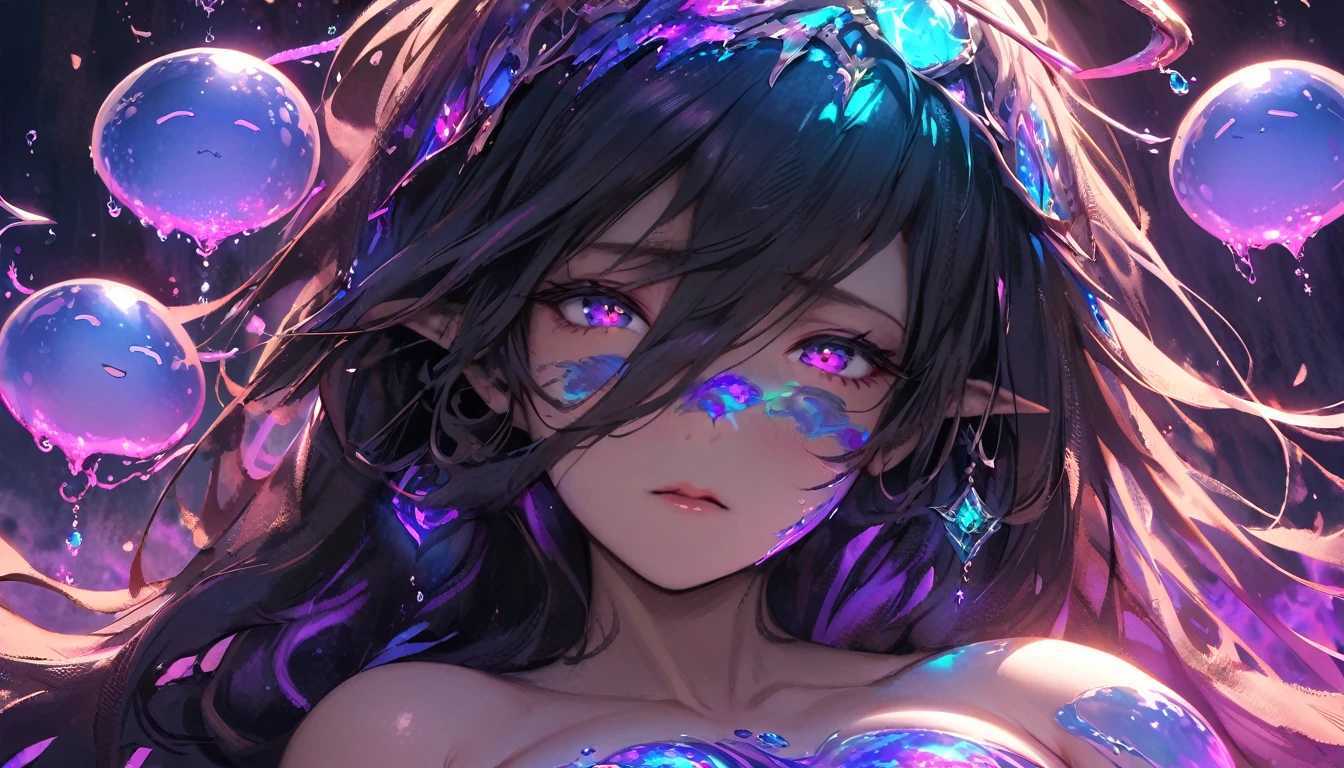 (masterpiece), (best quality:1.4), (perfect anatomy:1.4), high quality, expressive eyes, portrait, detailed face, beautiful face, perfect face, {1 girl}, In her slime form, Danua is a mesmerizing entity, her amorphous body pulsating with vibrant colors and otherworldly energy. She takes on a fluid, gelatinous appearance, constantly shifting and morphing with an almost hypnotic fluidity. Danua's slime form is translucent, allowing glimpses of the swirling colors and patterns that ripple beneath her surface. Shades of deep emerald, green mingle with iridescent blues and purples, creating an ethereal kaleidoscope of hues that dance and shimmer in the light. Her form lacks defined features, instead resembling a constantly shifting mass of gel-like substance. However, there is a sense of grace and purpose to her movements, as if she possesses a silent intelligence that guides her every shift and flow. Despite her lack of a solid form, Danua exudes an undeniable presence in her slime state. She radiates an aura of ancient power and mystique, her ever-changing form hinting at the depths of her enigmatic nature. Overall, Danua's slime form is a mesmerizing spectacle, a symphony of colors and shapes that captivates the eye and sparks the imagination.