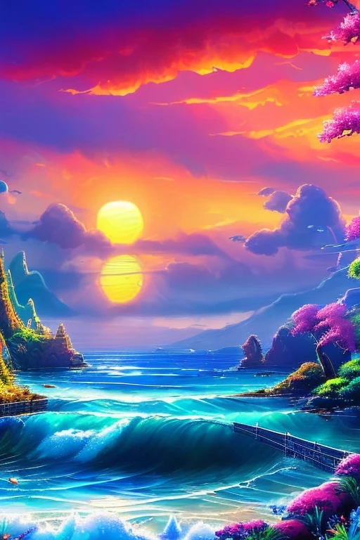 Hyper realistic 8k, ultra detailed, (Best Quality digital illustration Masterpiece of planet Earth in outer space), ((No Man)), (Beautiful planet Earth Illustration), (Beautiful Shore full of treasure), (chests of treasure), (overflowing gold on the shore) ((Waves in the distance)), (Bright Sun), (Hyperdetail, Dynamic Camera), (Wide Angle), (Celestial Lighting), (Vivid Colors and Saturation), (trending on artstation), ((beautiful sunrise)), (aqua colored water)