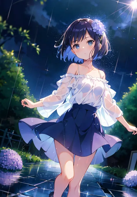 (alone), cute (one girl) walk,path,[from below:1.2],short hair, puddle,water reflection,rain,floating water droplets,hydrangea,(...