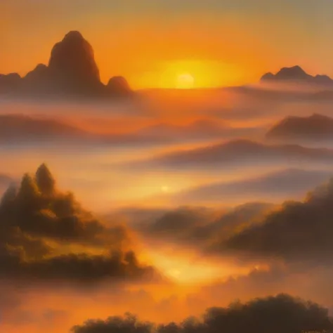 Monet Landscape Painting，sunrise，Haystack，The fog rises，Oil painting effect，Impressionism