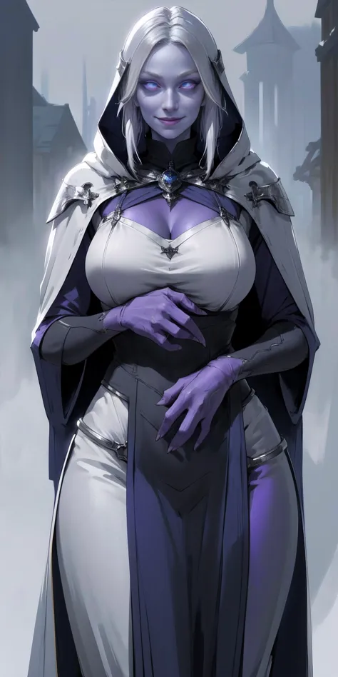 (chest covered) (smile) Gray skin, white silver hair and violet eyes. She prefers clothing of white and silver with cloaks of de...