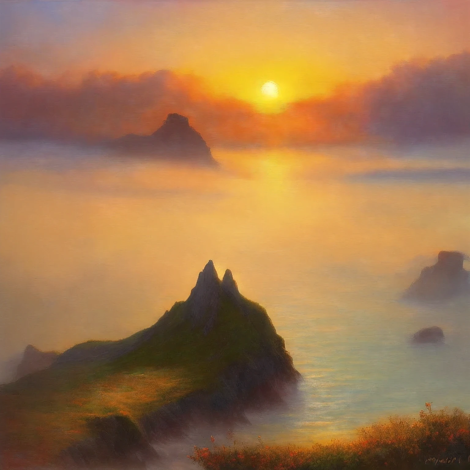 Monet Landscape Painting，sunrise at sea，Haystack，The fog rises，Oil painting effect，Impressionism