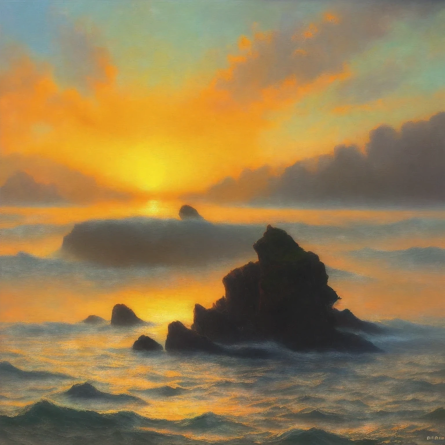 Monet Landscape Painting，sunrise at sea，Haystack，The fog rises，Oil painting effect，Impressionism