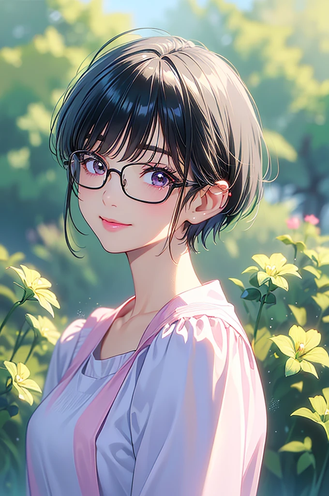 Masterpiece、High resolution、high resolution、High definition、1 female、Very close、((Depiction of only the upper body))、((short hair、Pixie Cut))、Frameless glasses、A kind smile、slightly open your lips、Pink lipstick、