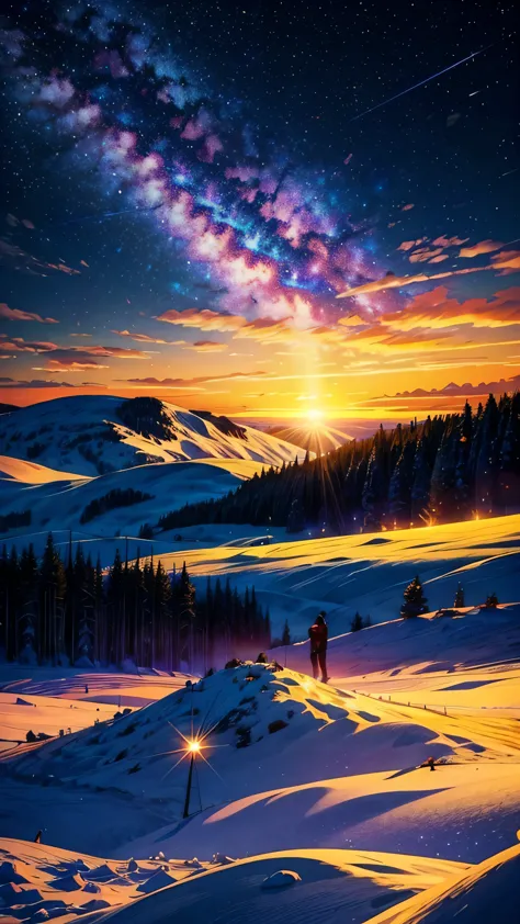 A colorful galaxy，Clouds，Sunset，Snow，Over the farm