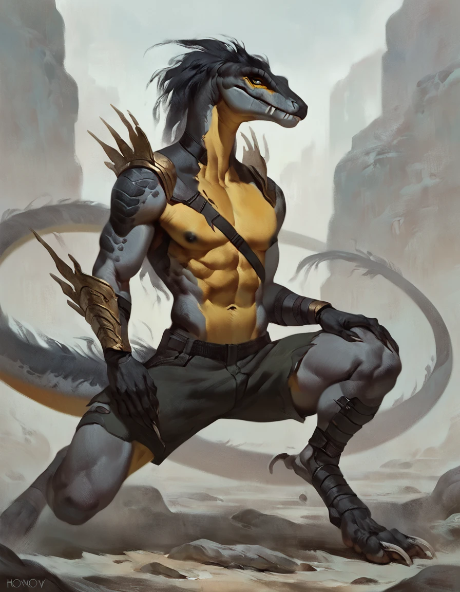 Male anthro indoraptor, concept art, torn armor, masterpiece, front view, tail, high quality, feet, dark nipples, pose, shorts, toned, by honovy
