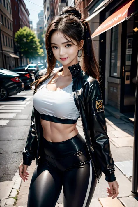 best quality, ultra high res, (photorealistic:1.4), 1girl, loose and oversized black jacket, white sports bra, (yoga pants:1), (...