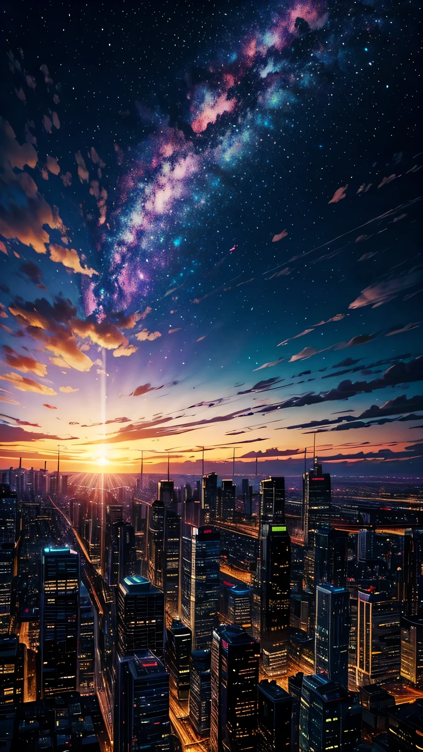 Una galaxia colorida，sobre la ciudad，nubes，atardecer