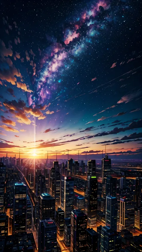 A colorful galaxy，Over the city，Clouds，Sunset