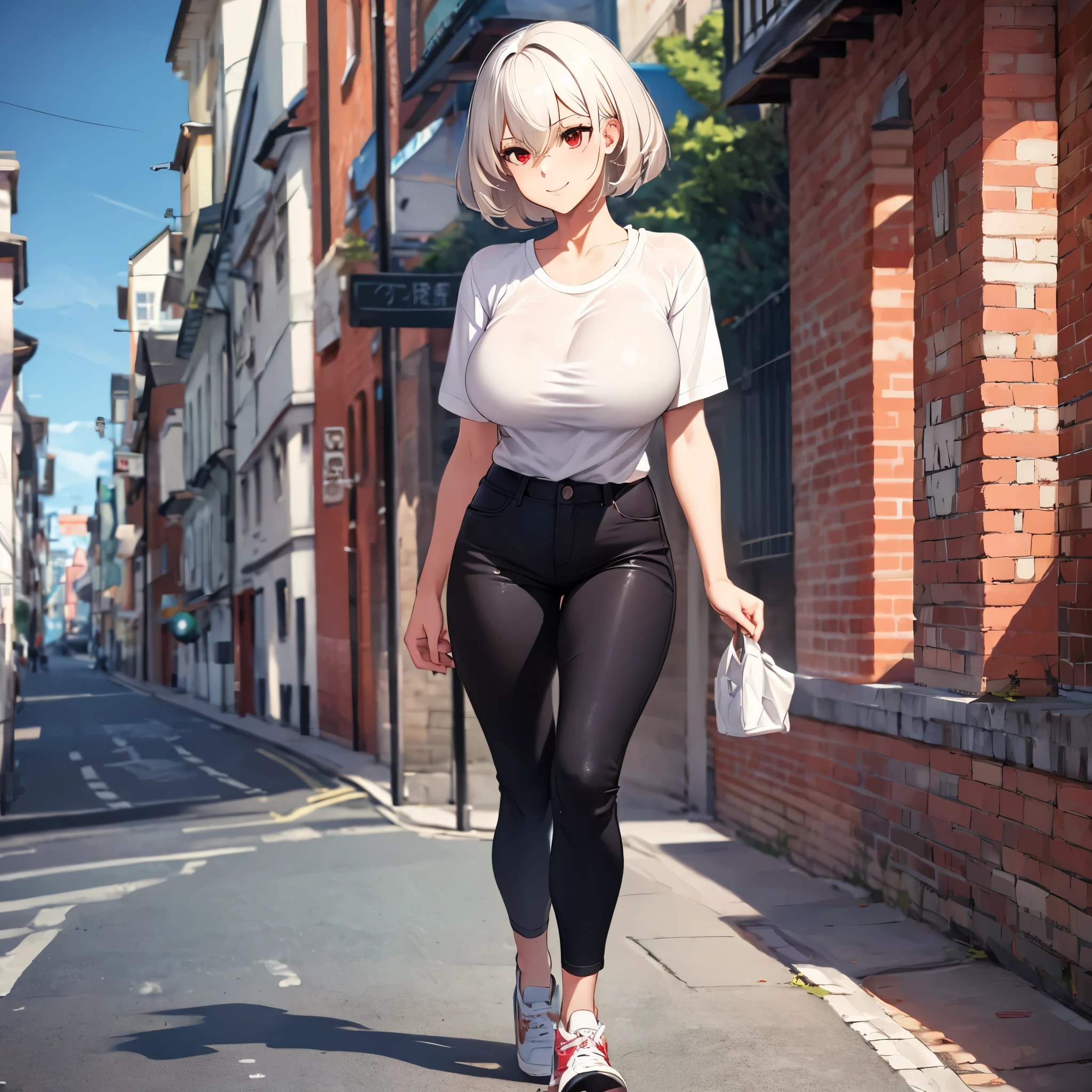 A woman wearing a casual beige shirt with kanji writing on the shirt, black jeans, casual sneakers, walking on a London promenade, blurred background, red eyes, smiling, big breasts, short white hair,. drop shadow, anaglyph, stereogram, tachi-e, point of view, atmospheric perspective, 8k, superdetail, accurate, best quality, award-winning, textured skin, high resolution, anatomically correct, bokeh effect, (( solo woman).
