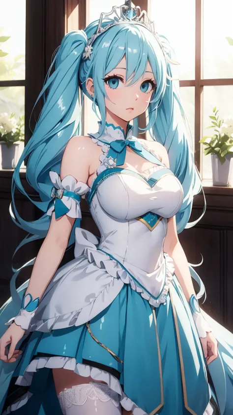 hatune miku VOCALOID, twin tails, light blue hair, light blue eyes, big breasts, white stockings, beautiful eyes, animated paint...