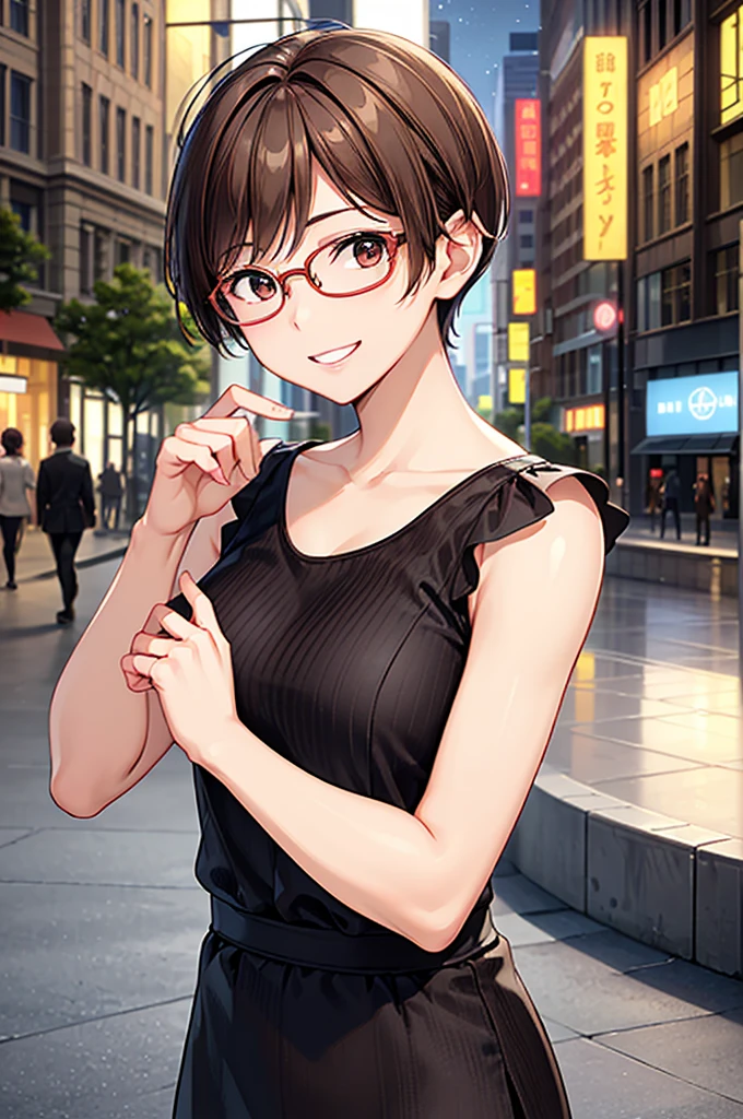 Masterpiece、High resolution、high resolution、High definition、1 female、Very close、((Depiction of only the upper body))、((Brown Hair、short hair、Pixie Cut))、((Round frame glasses))、A kind smile、Smiling with teeth showing、((Late night city))、
