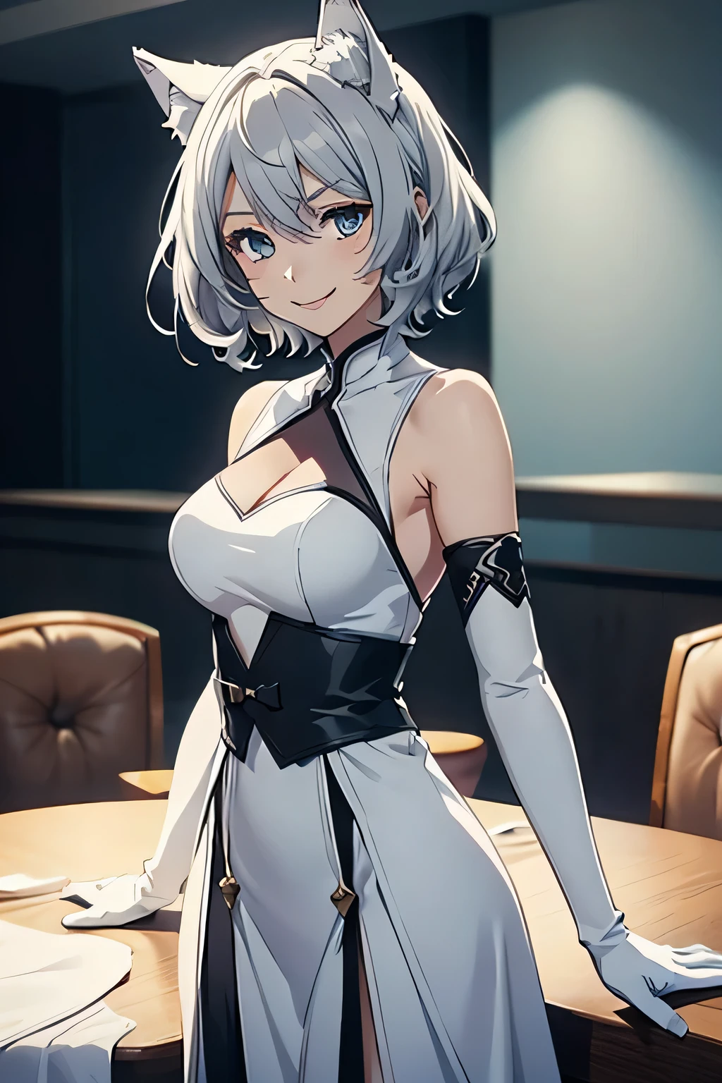 Tabletop　 Best image quality　wonderful　Attention to detail　One Young Woman（（Adult））Anime Style　whole body　White long dress（Sleeveless）　White long gloves（Elbow Gloves）　Wolf Ears　short hair（（Shortcuts）（Gray Hair）（Curly Hair）（fluffy））　smile（Happy）　Eye color is blue　background（Hotel）　Are standing