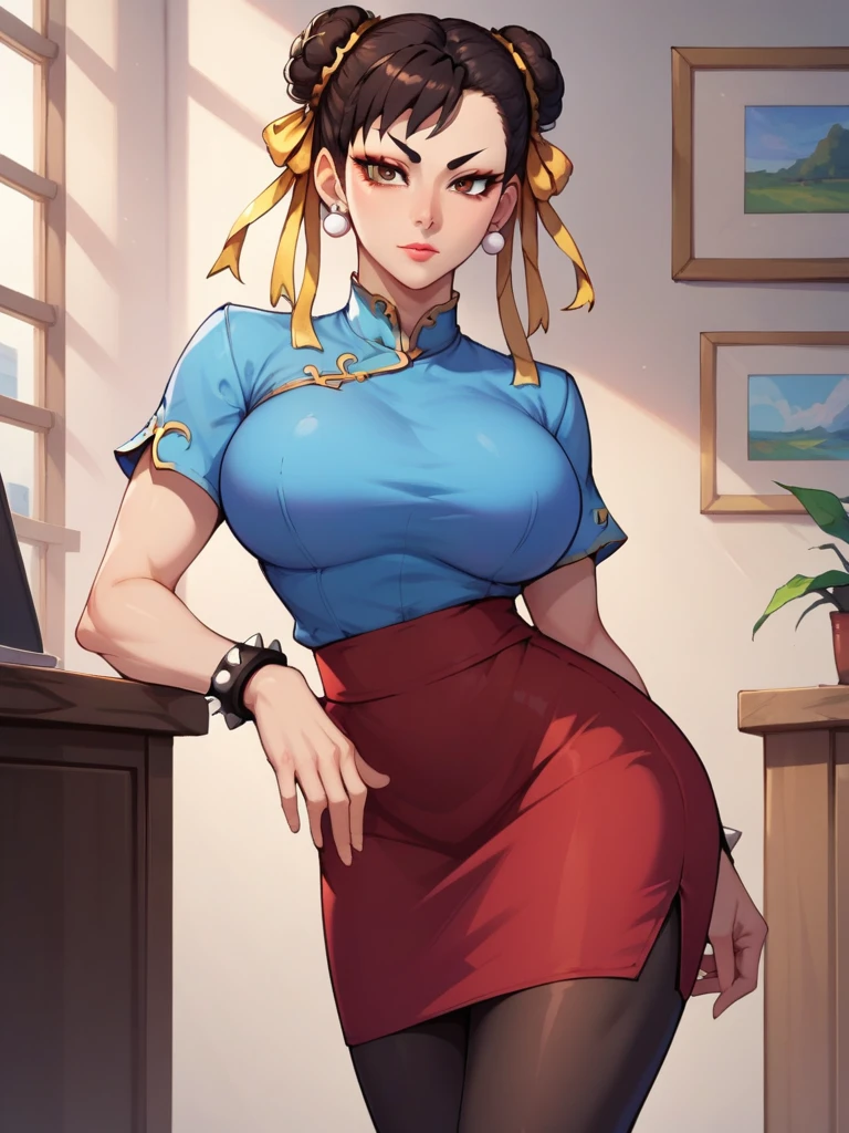 score_9, score_8_up, score_7_up, BREAK, chun-li, chunliSDXL,1girl, solo, big breasts, looking at viewer, black hair, brown eyes, jewelry, earrings, hair bun, black heels, bracelet, double bun, makeup, office lady outfit, shirt, white tight shirt, skirt, black pencil skirt, black tights, cowboy shot, upper body