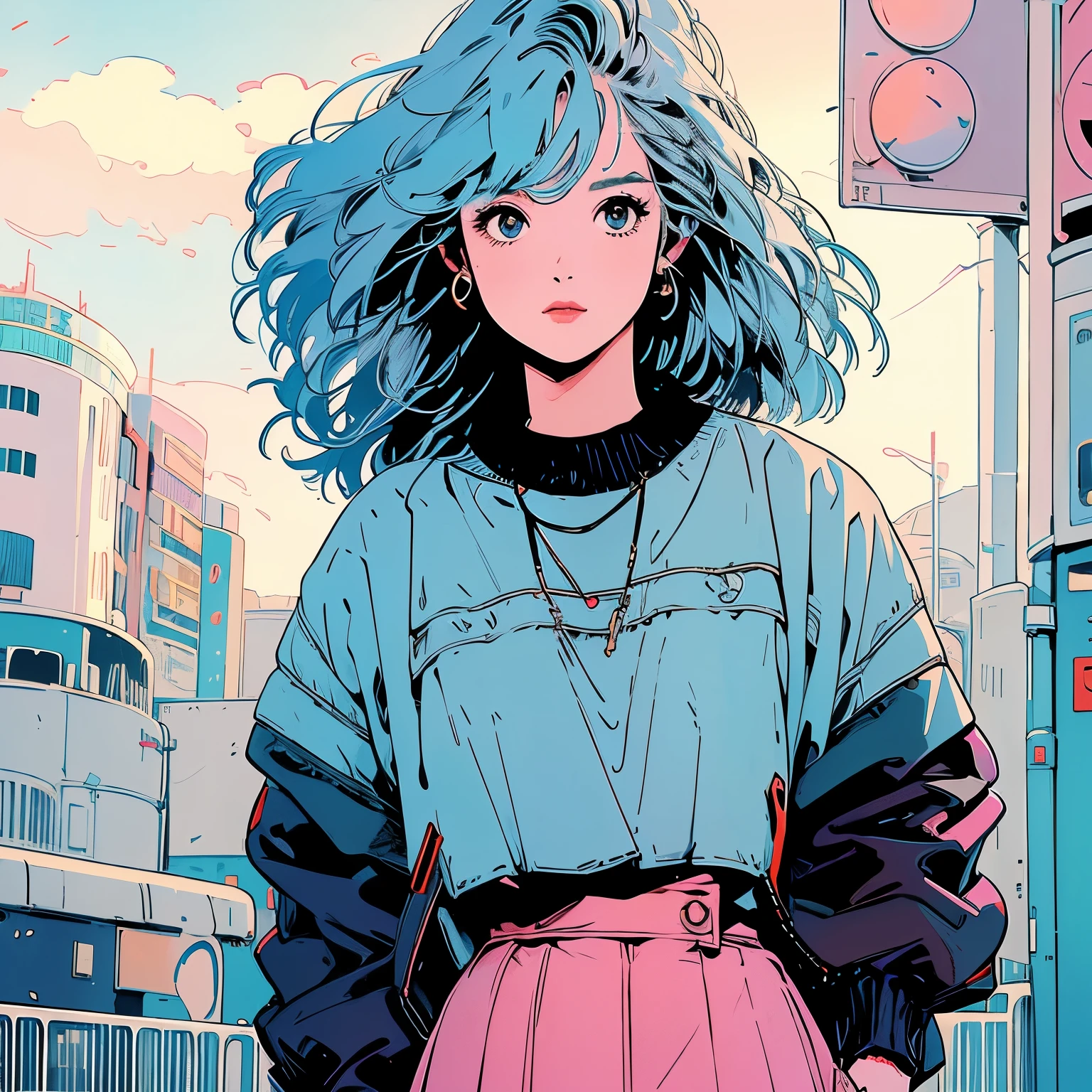 whole body, Upper Body、One beautiful woman, 4k, Warm colors , White blouse、skirt, pedestrian crossing、Signal, Complex background、Light blue hair