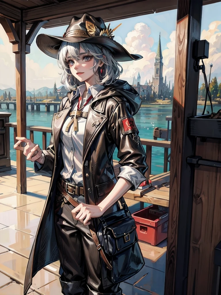 cool cowgirl, fantasy adventurer, cowboy hat, decorated hooded armor jacket, cross belt, Brown leather pants, Red leather long boots, absurdres, RAW photo, extremely delicate and beautiful, masterpiece, Best Quality, ultra high resolution, 32k, hyperrealistic, ultra-detailed, detailed description, pale skin, 20 years old, tearful mole, earring, short medium hair, wavy hair, whole body shot,