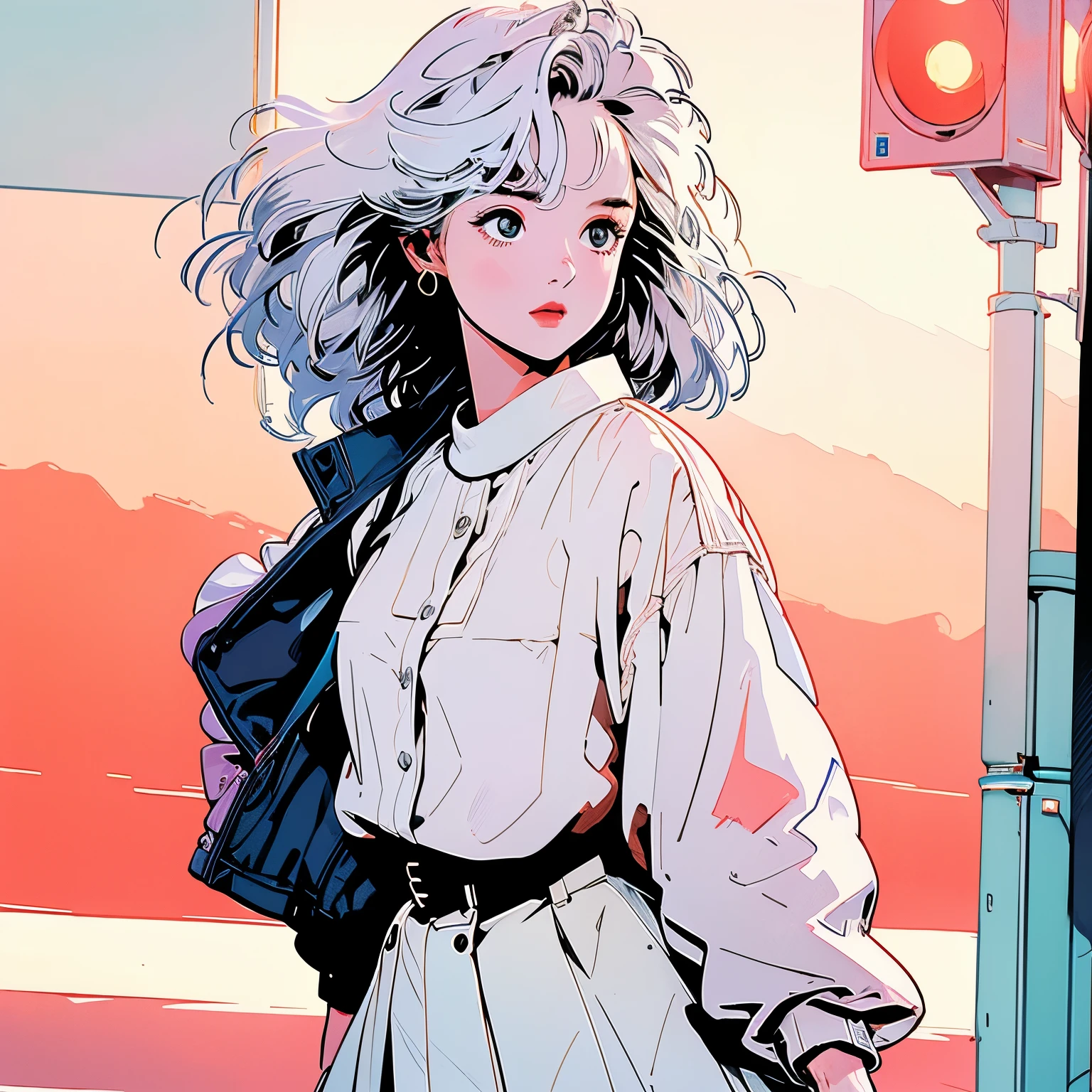 whole body, Upper Body、One beautiful woman, 4k, Warm colors , White blouse、skirt, pedestrian crossing、Signal, Complex background、White Hair