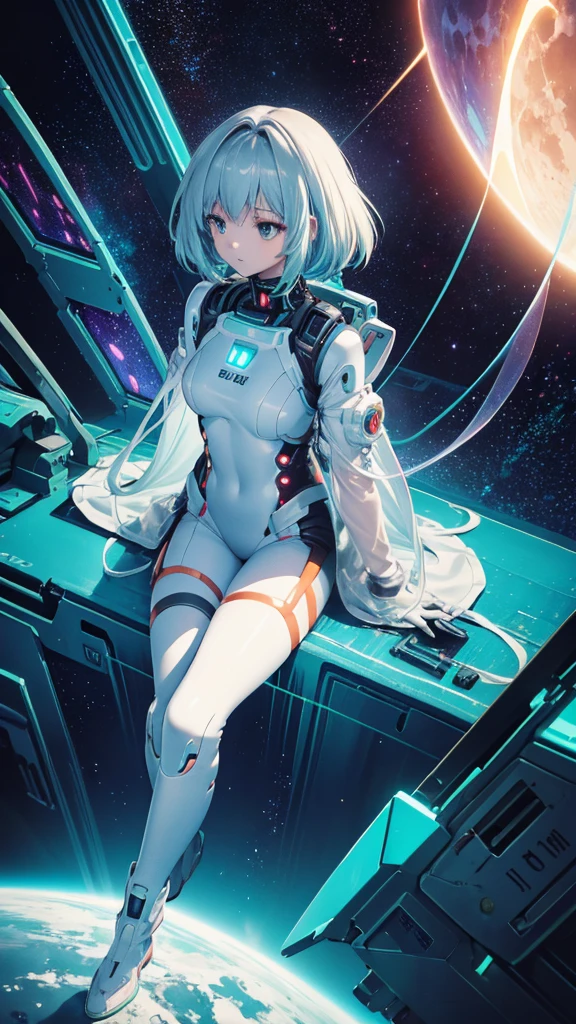 masterpiece, best quality, anime girl in tight hightech cyberpunk space suit, few armor parts in shoulder, arms, legs, no helmet, medium white hairr, teal eyes, side view, view from above, space full of stars, planet, moon, and other space effects background, light aura, light effects.