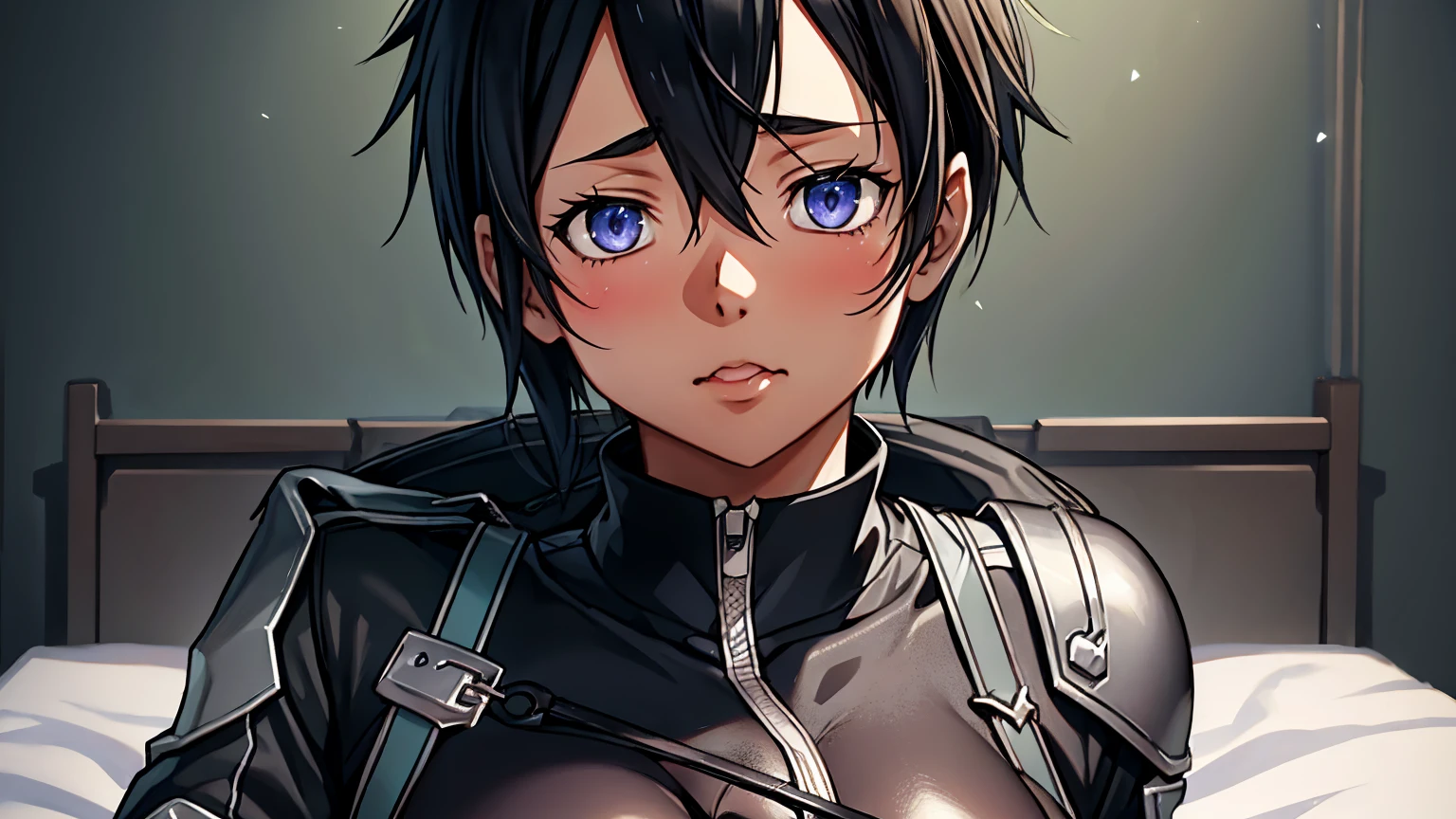 Kirito, black bikini black swordsman costume overturned jacket long hair blushing alone lying on the bed, big breasts breast enlargement looking into camera illustration, ultra-detailed, HDR, vibrant colors, soft lighting