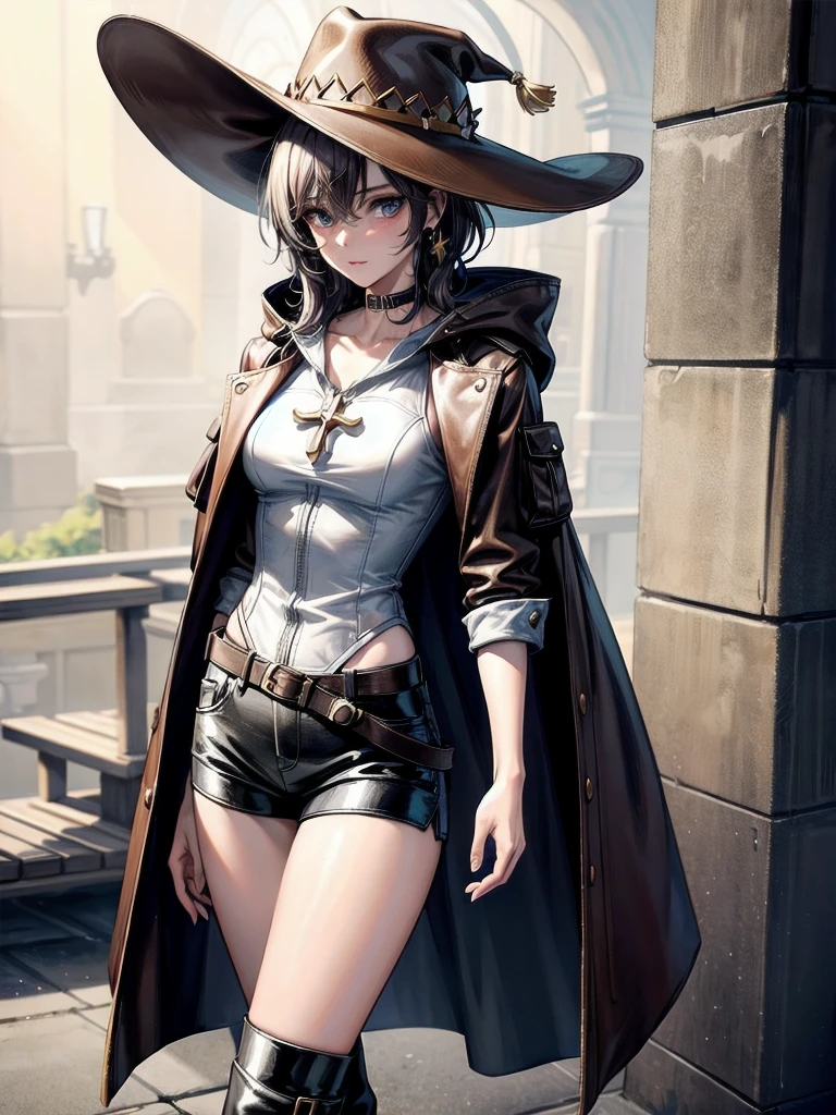 cool cowgirl, fantasy adventurer, cowboy hat, decorated hooded armor jacket, cross belt, Brown leather pants, Red leather long boots, absurdres, RAW photo, extremely delicate and beautiful, masterpiece, Best Quality, ultra high resolution, 32k, hyperrealistic, ultra-detailed, detailed description, pale skin, 20 years old, tearful mole, earring, short medium hair, wavy hair, whole body shot,