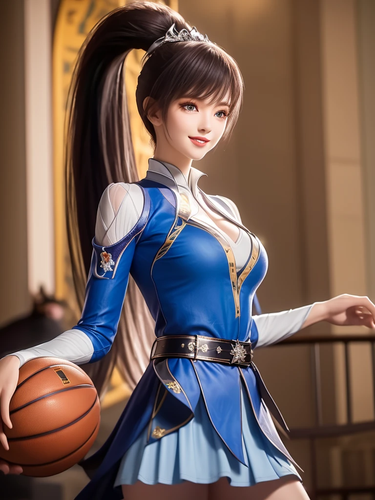 1 Girl, long hair, skirt,Hair accessories, city View, night, High Leg Raise, Boss,白skirt,Ponytail, Cowboy shooting, Long sleeve, belt,blue eyes,cosmetic,1 lady only, /(Basketball clothes/), Become a, /(Light brown hair/) Bangs, Friendly smile, (Masterpiece Best Quality:1.2) Exquisite illustrations with rich details, Big BreastsBREAK /(Civic Gymnasium/) indoors