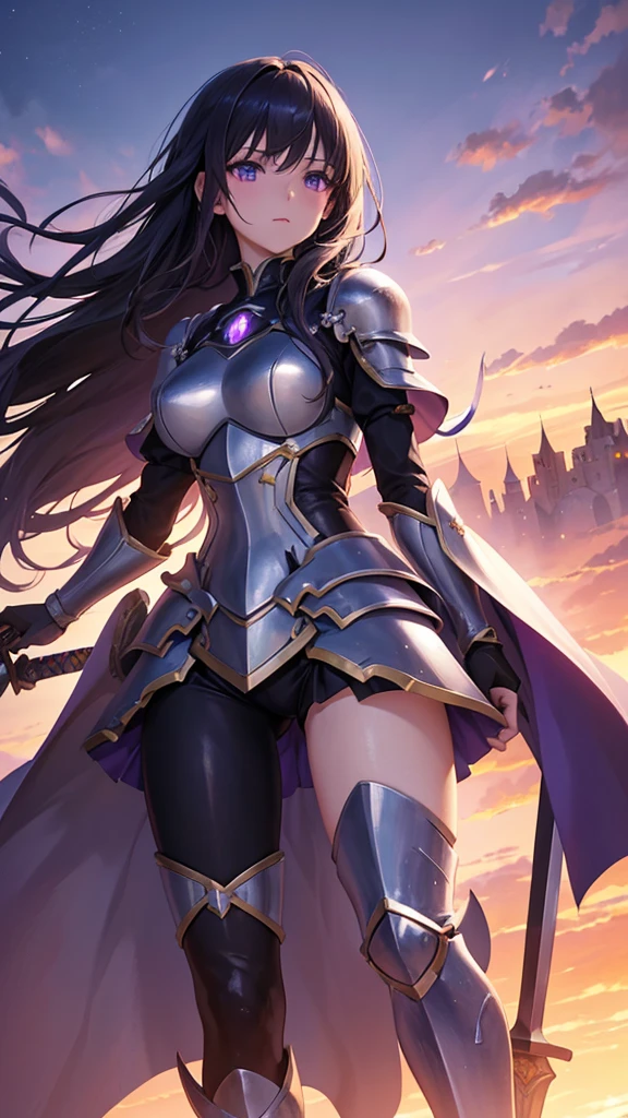 masterpiece, best quality, anime girl, outstading and shiny armor, high detailed, imponence position, energizing sword, medium dark hair, purple eyes, view from below, background of blury castle, god-ish lights, glowing aura, dusty wind from floor, realistic ilumination.