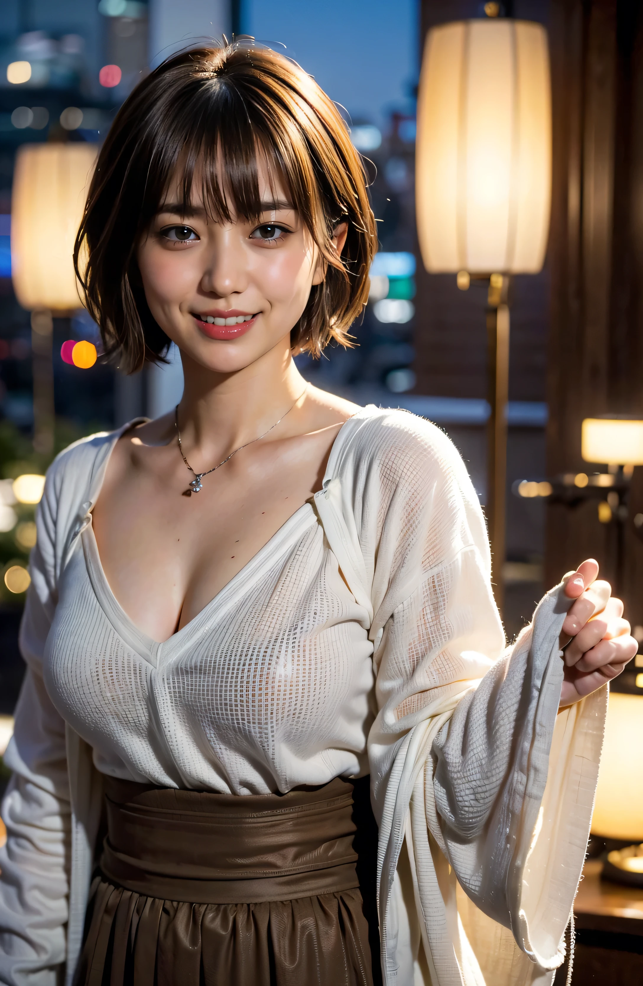 、((Luxurious clothing、Tokyo、Night illumination、Background Blur、Ample breasts、looking at the camera:1.2)) 、Tuck your hair behind one ear、Silver Necklace、smile、Caustics、{{.}}}、Highly detailed photos、Very beautiful eyeedium Short Hair:1.5}}}}.Super no makeup、(8k、RAW Photos、highest quality、masterpiece:1.2)、(Realistic、Realistic)、1 girl、((Medium Short Hair、Light brown hair、Looking into the camera:1.4))、((shy smile:1.4))
、{Fluffy hair:1.2}