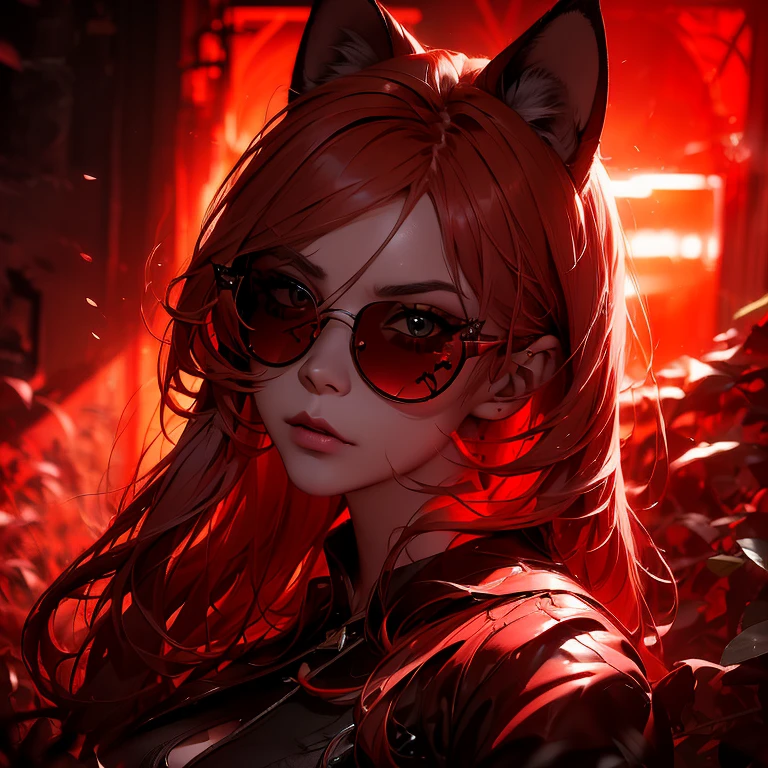 ""Woman with long blond hair and red ends."" Ian J., ""gothic art"", Monochromatic and red bleeding from ((only Red Kitten sunglasses)), Pin without animation, (""eyebrow trim, and persing is not nariz"") (((Red neon details, on a sunny day)))