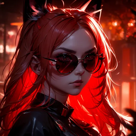 ""woman with long blond hair and red ends."" ian j., ""gothic art"", monochromatic and red bleeding from ((only red kitten sungl...