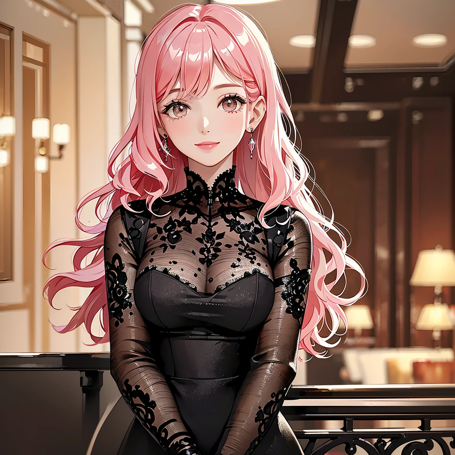 (masterpiece, high quality, 4k:1.4), 1girl, solo, pink hair, brown eyes, double-parted bangs, long hair, (mature female, mature:1.2), mole under eye, earrings, elegant black lace dress, close up, night time, bar, cafe, indoors, restaurant, smile, flowy hair