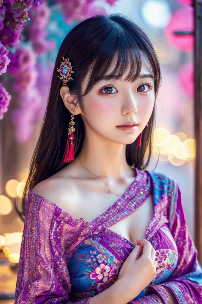 best quality, 8k, highly detailed face and skin texture, high resolution, sexy japanese girl in colorful dress, fantastic style background image, magical style, sharp focus