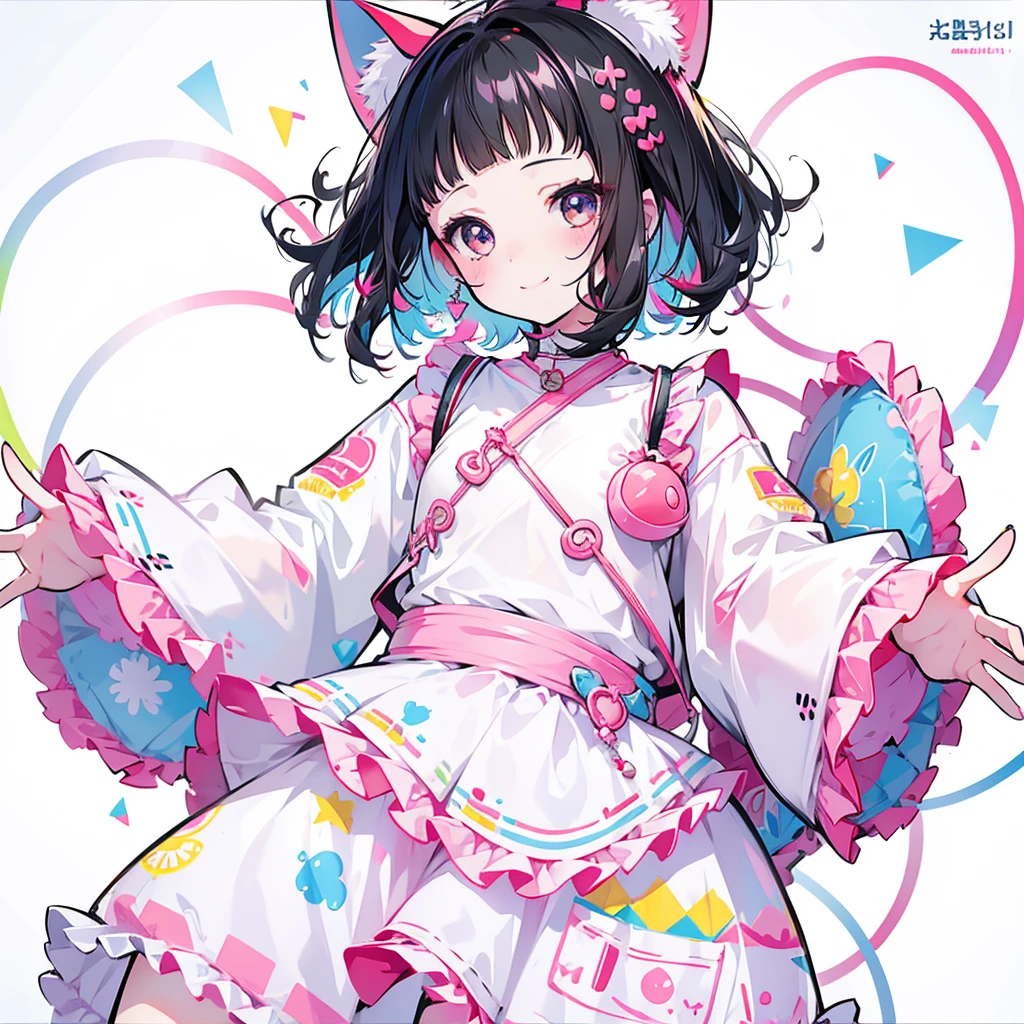 Girly girl, happy, colorful, flat, harajuku, posing, black hair, innocent, smiling, beautiful, face focus, face close-up, short bangs, cute, bubbly, white background, short hair, smiling, red cheeks, cat, neko, furry, neko girl