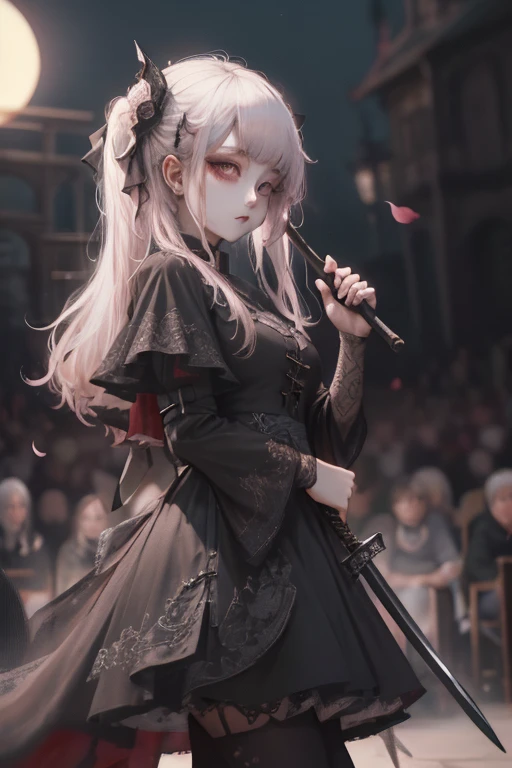 Close-up of a cartoon character holding a sword in front of a dragon,(Looking at the audience:1.4)、Red Gothic Lolita、cap、,(Face focus),rest,、Beautiful woman、Tragic、beautiful eyes、Black eyes、Blonde、twin-tail hair、Dark black eyeshadow、Good skin luster、particle、Rose petal、(((fine))) Hollow tights, High quality details, flowing, Dynamic, (1 female), Bright Eyes, Flushed, Beautiful front and back, Silk texture,Taiwanese girl 18 years old beautiful appearance