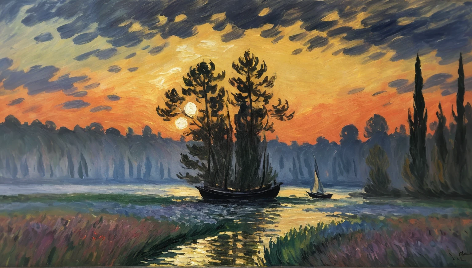 Claude Monet, Französischer Impressionismus, lockere Pinselführung, Betonung von Licht und Farbe statt Details, und seine Liebe, die Natur einzufangen, Impressionistischer Stil von Claude Monet, mit Fokus auf dem Zusammenspiel von Licht und Farbe. Verwenden Sie lose, fließende Pinselstriche zur Darstellung der Szene, und betonen Sie die wechselnde Atmosphäre und Stimmung statt der kleinsten Einzelheiten. Die Farben sollten lebendig sein und das Gesamtgefühl sollte heiter und ruhig sein, Der Schlüssel zu Monets Stil ist der Fokus auf den Gesamteindruck einer Szene und nicht auf die Einzelheiten