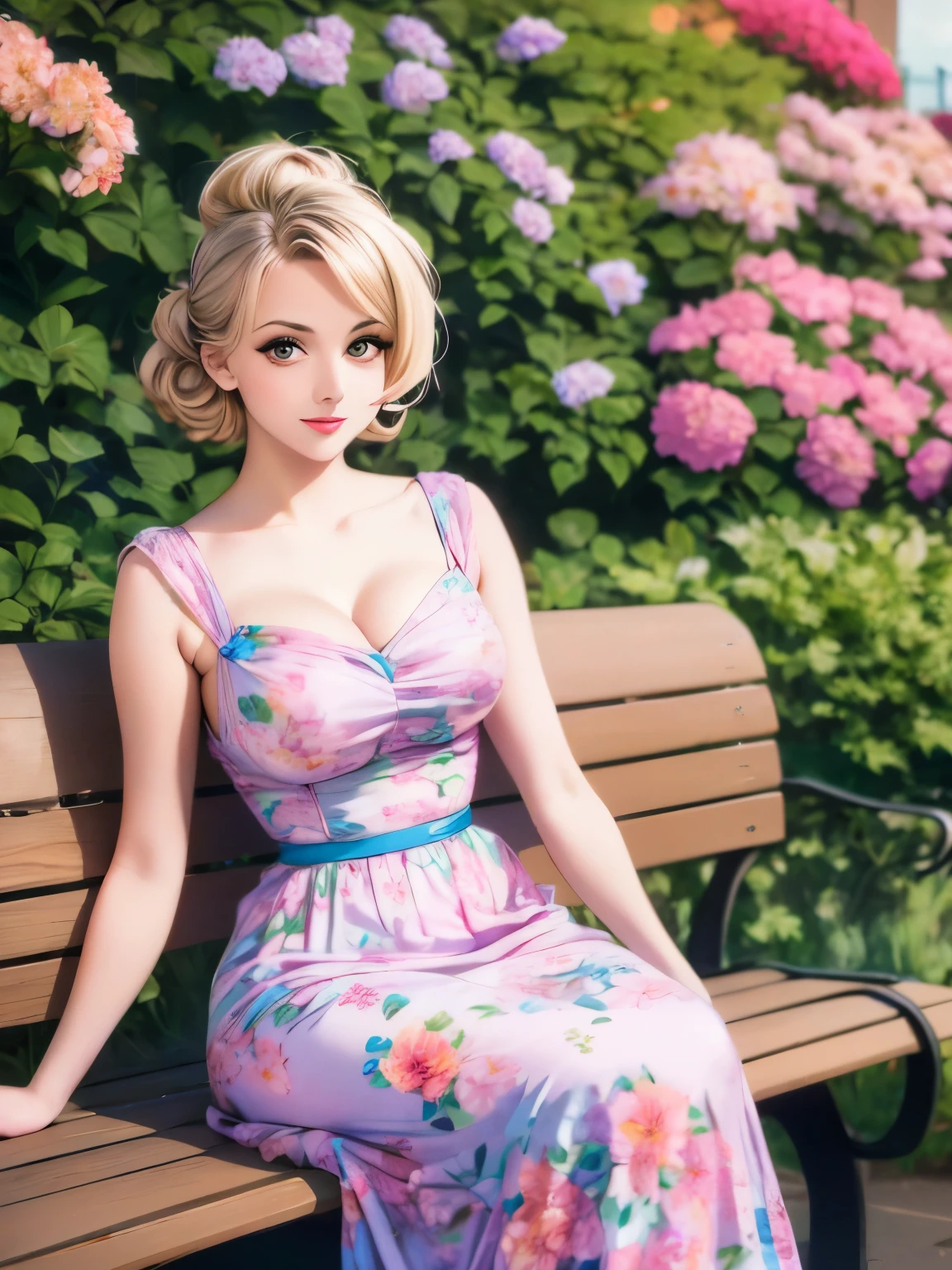 arafed woman ในชุด sitting on a bench in a garden, 1 9 สไตล์ 50ส, สไตล์ยุค 50, สไตล์ 50ส, dressed in a ชุดดอกไม้, สวมชุดลายดอกสีชมพู, ชุดดอกไม้, สวมชุดที่สวยงาม, ในชุด, สวมชุดยาวลายดอกไม้, retro สไตล์ 50ส, นึกถึงปี 1950