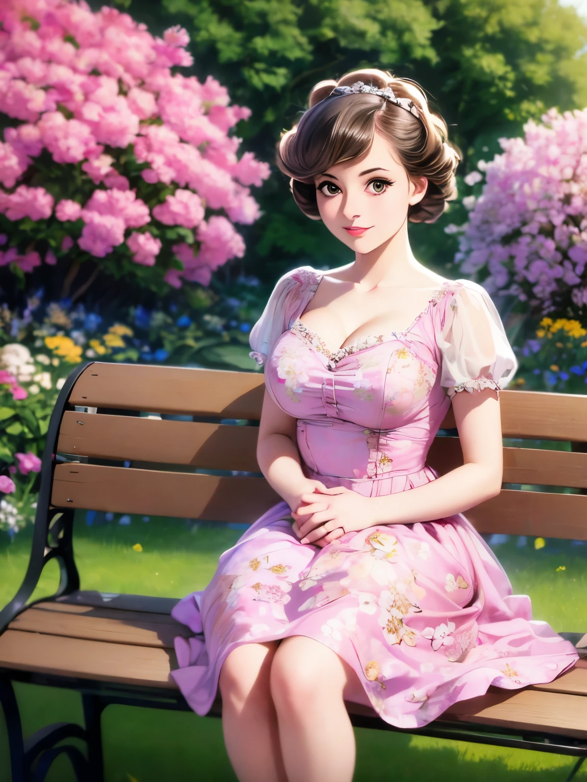 arafed woman 드레스를 입고 sitting on a bench in a garden, Evaline Ness의 컬러 사진, 플리커, 낭만주의, 1 9 5 0 초 스타일, 5 0 초 스타일, 50년대 스타일, dressed in a 꽃 드레스, 핑크색 꽃무늬 드레스를 입고, 꽃 드레스, 멋진 드레스를 입고, 드레스를 입고, retro 5 0 초 스타일