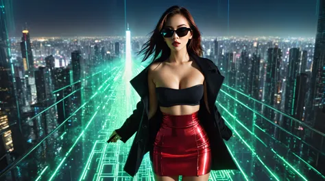 matrix style, a sexy woman, rooftop of a tall building at night, (((holding a black pet))), a futuristic digital radial hologram...