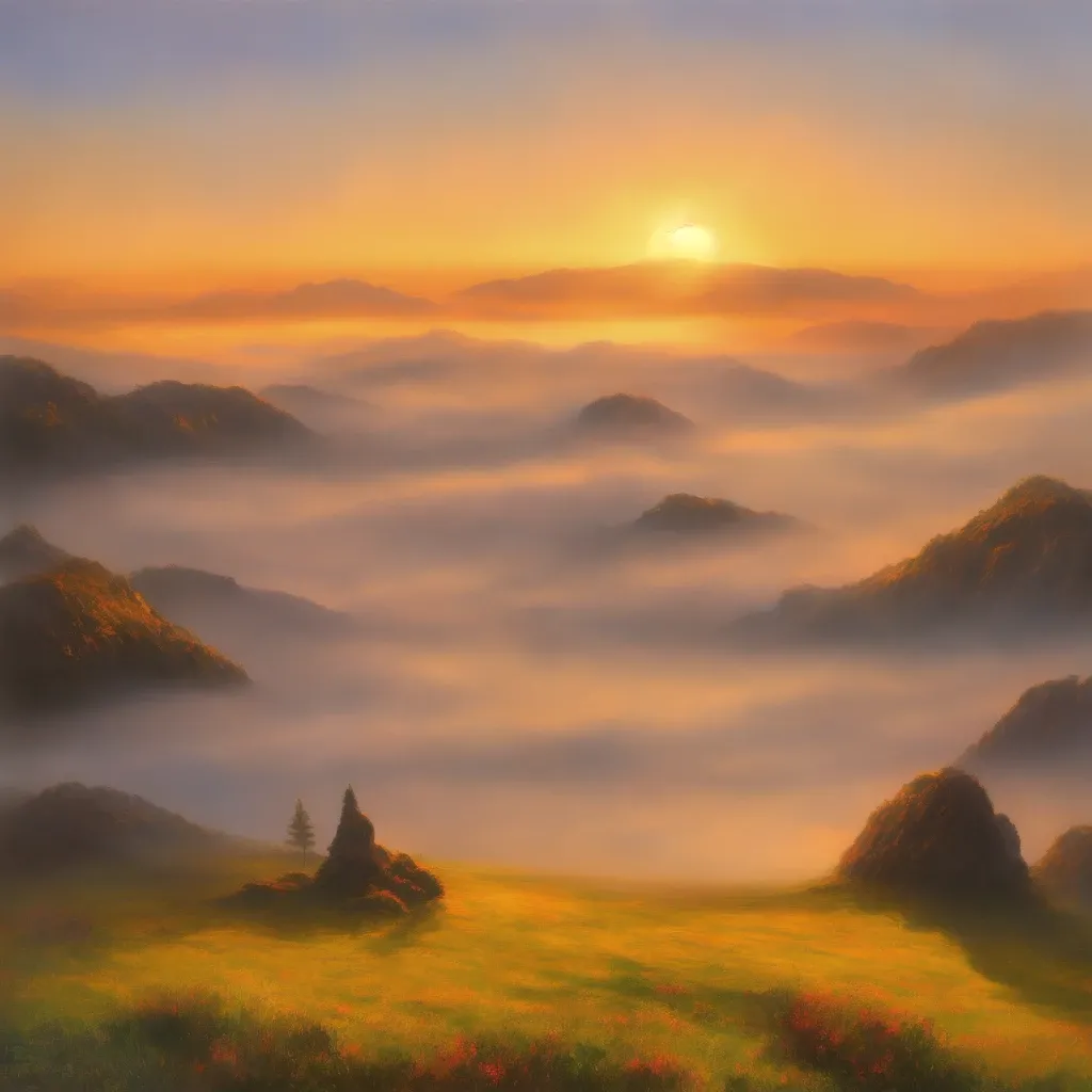 monet landscape painting，sunrise，haystack，the fog rises，oil painting effect，impressionism